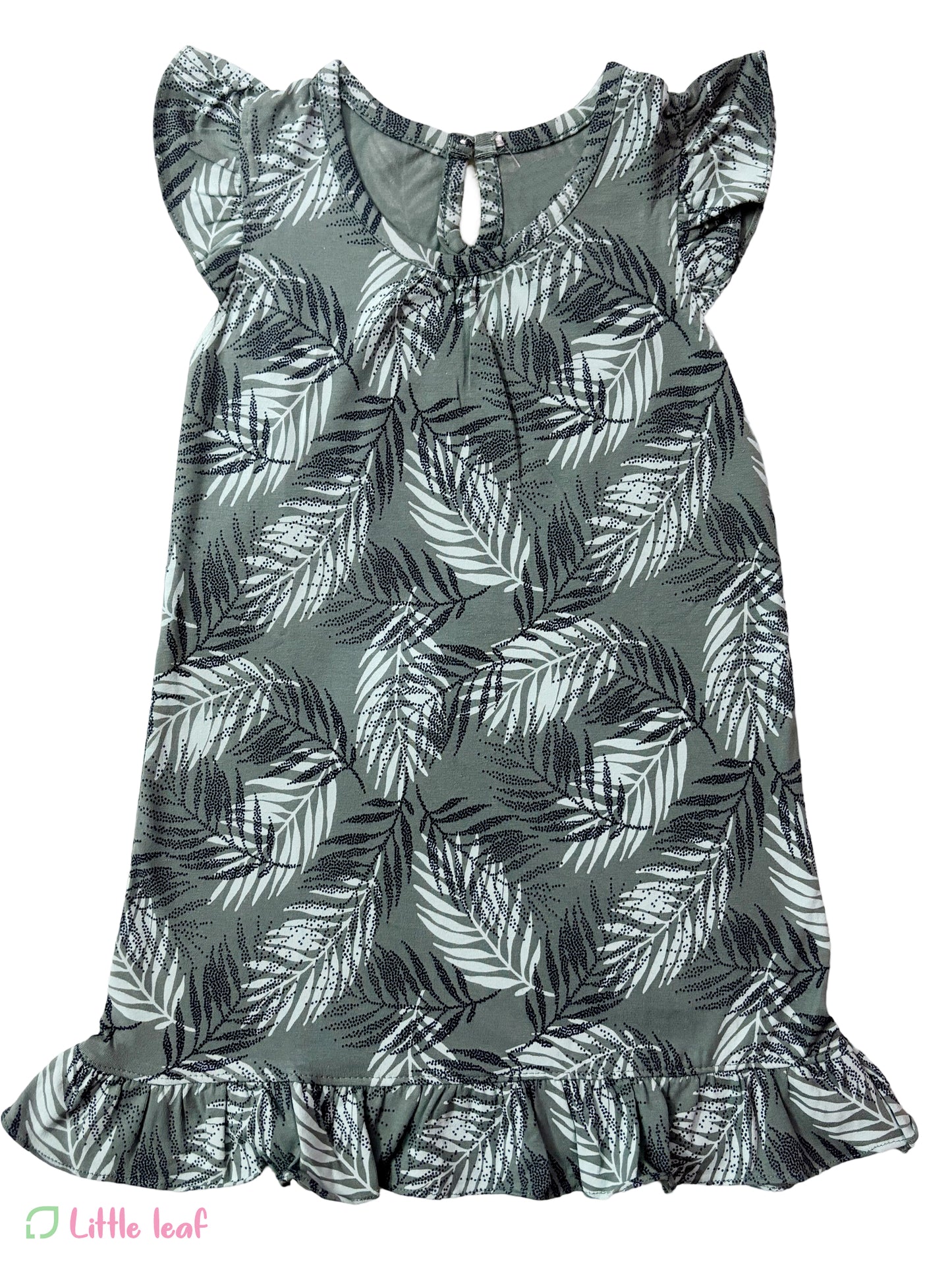 Cotton Long Frill Frock - Green Leaves