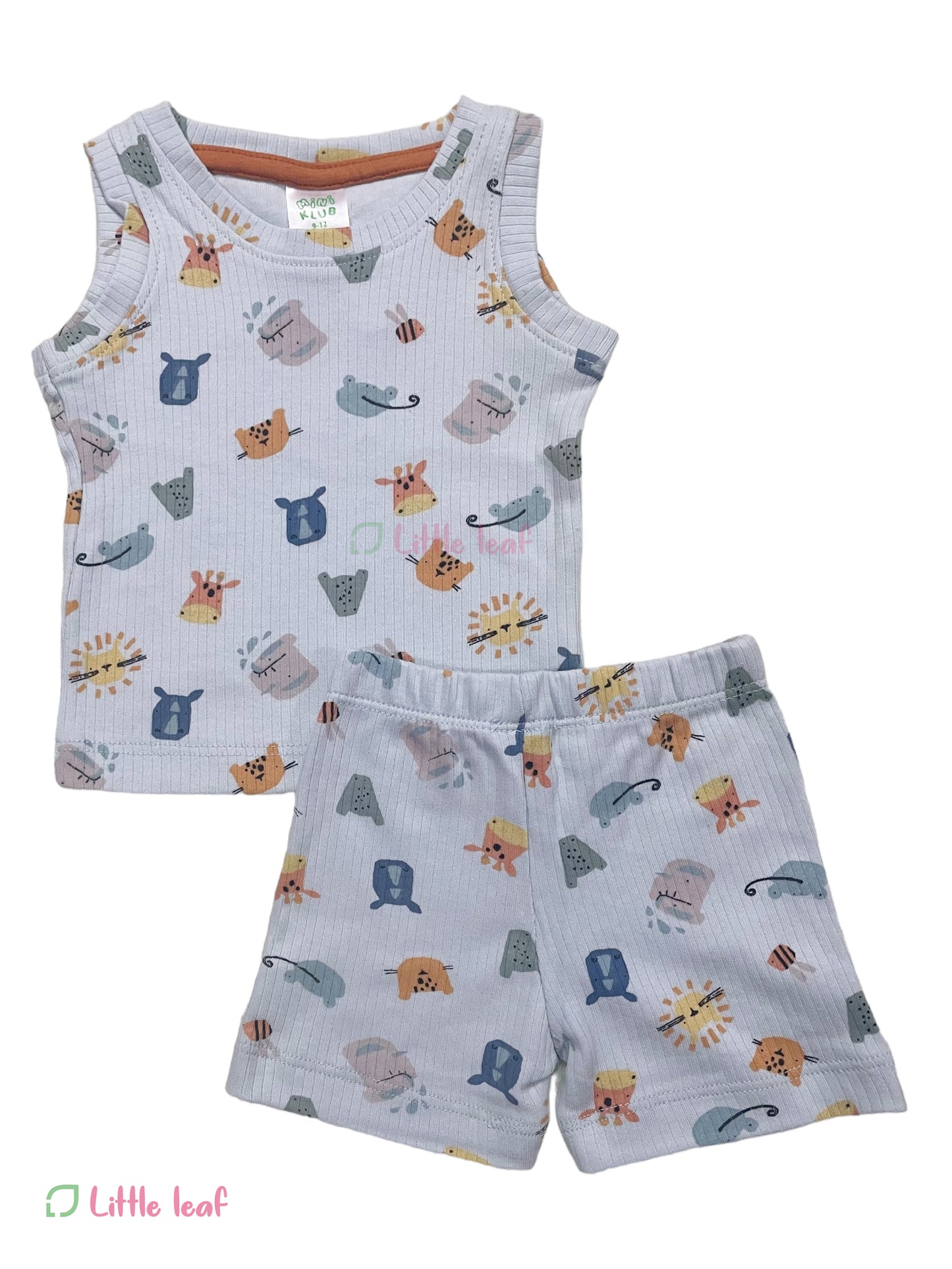 Dusty Blue Animal Ribbed Cotton Sleeveless Set