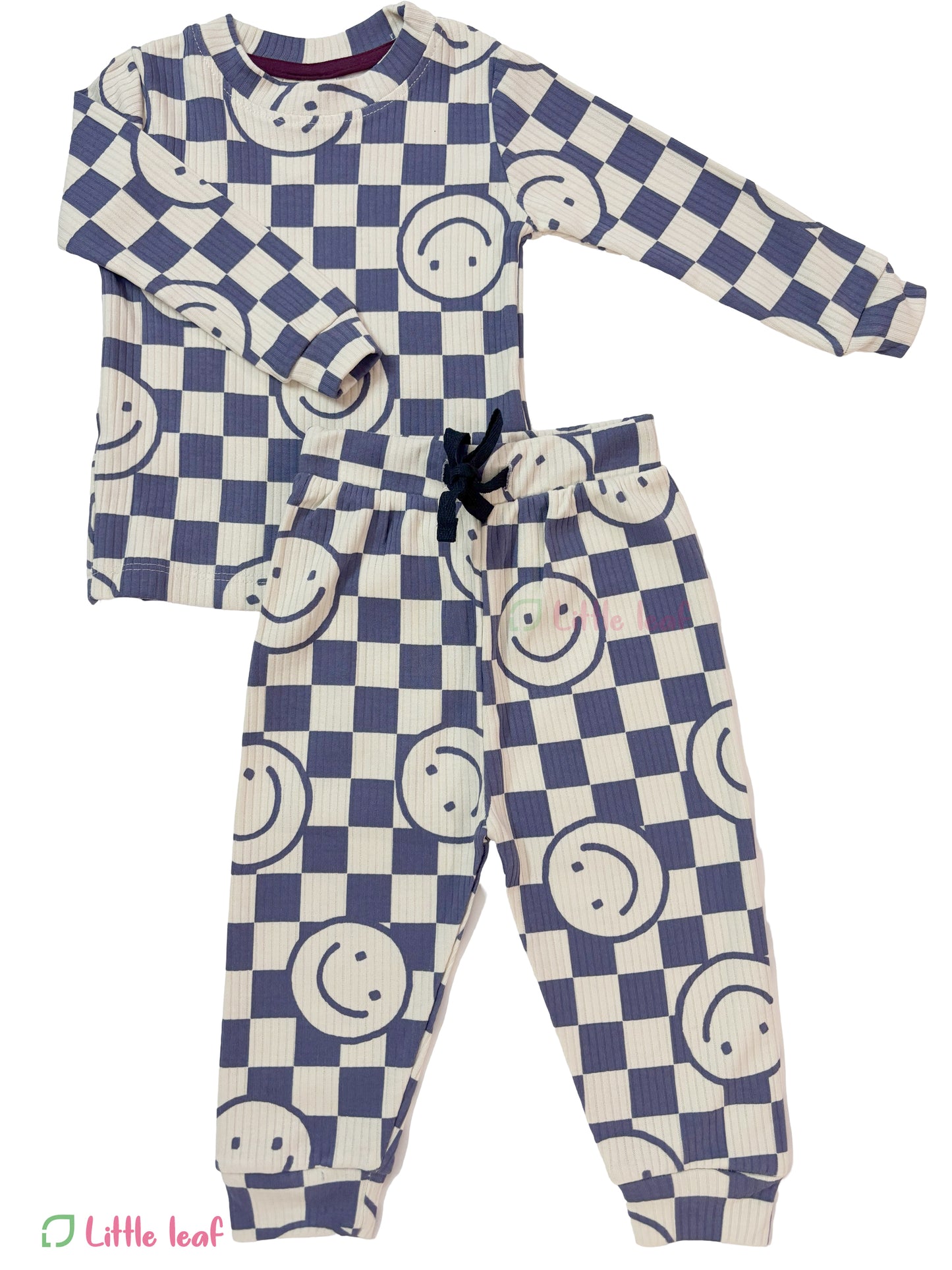 Ribbed Full Sleeve Sets White Blue Chess smiley