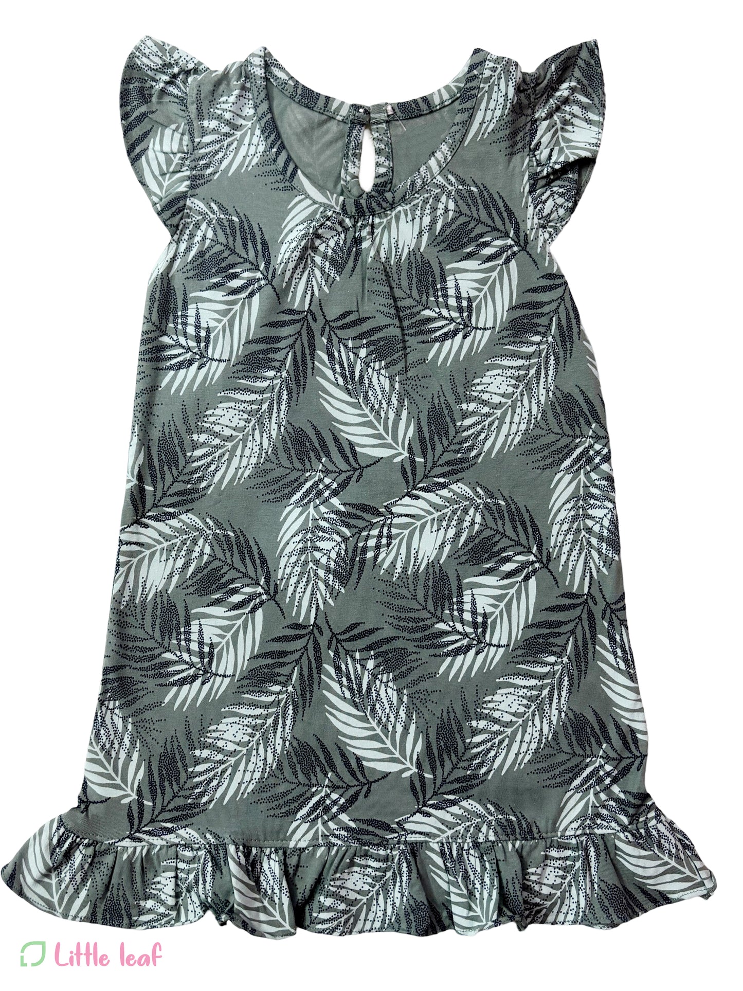 Cotton Long Frill  Frock - Green Leaves