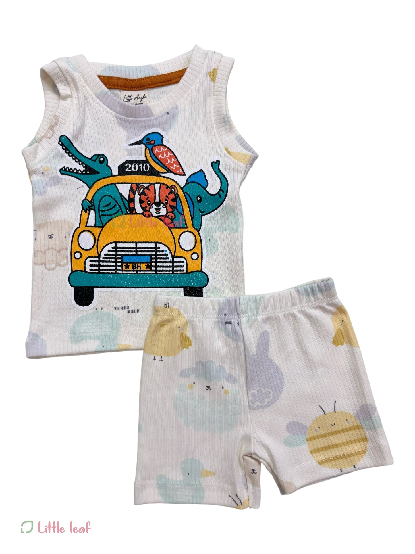 Ribbed Cotton Sleeveless Set off white car print