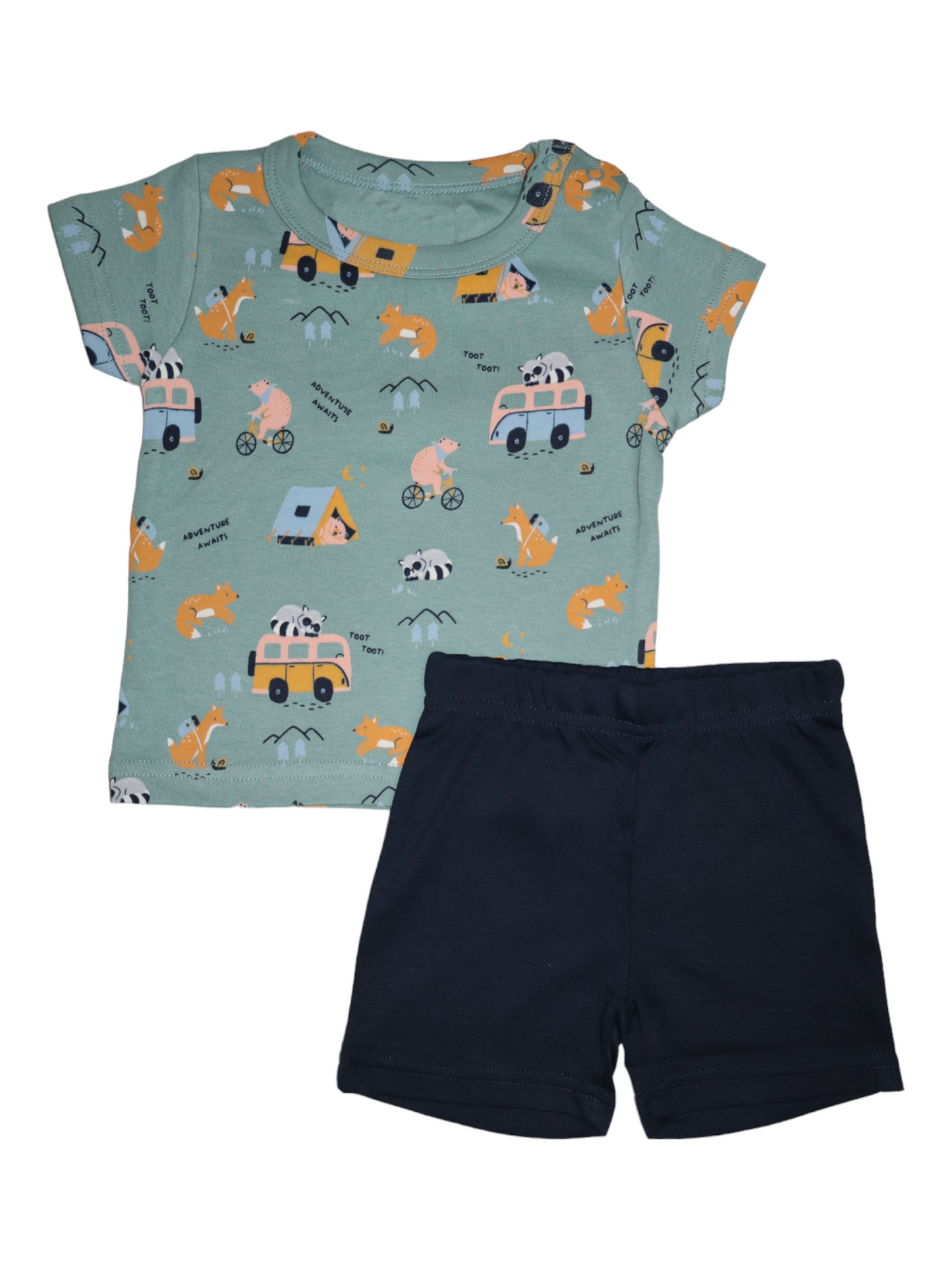 Blue Green Cat Bus Shorts Set