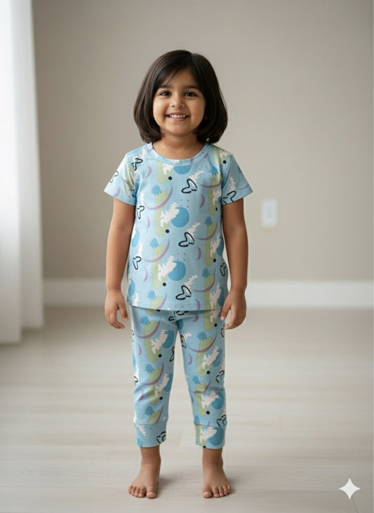 Blue Snow ball Fabric Night Suit