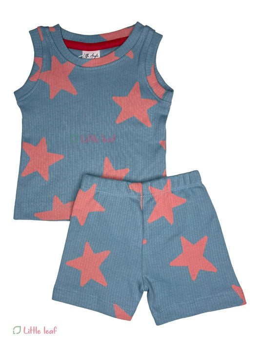 Ribbed Cotton Sleeveless Set Cyan Orange Star