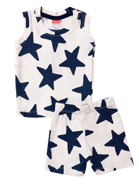 White Navy star Ribbed Cotton Sleeveless Set