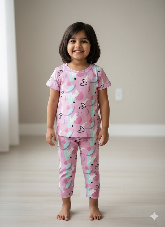 Pink Snow ball Fabric Night Suit