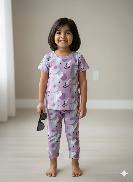 Violet Snow ball Fabric Night Suit