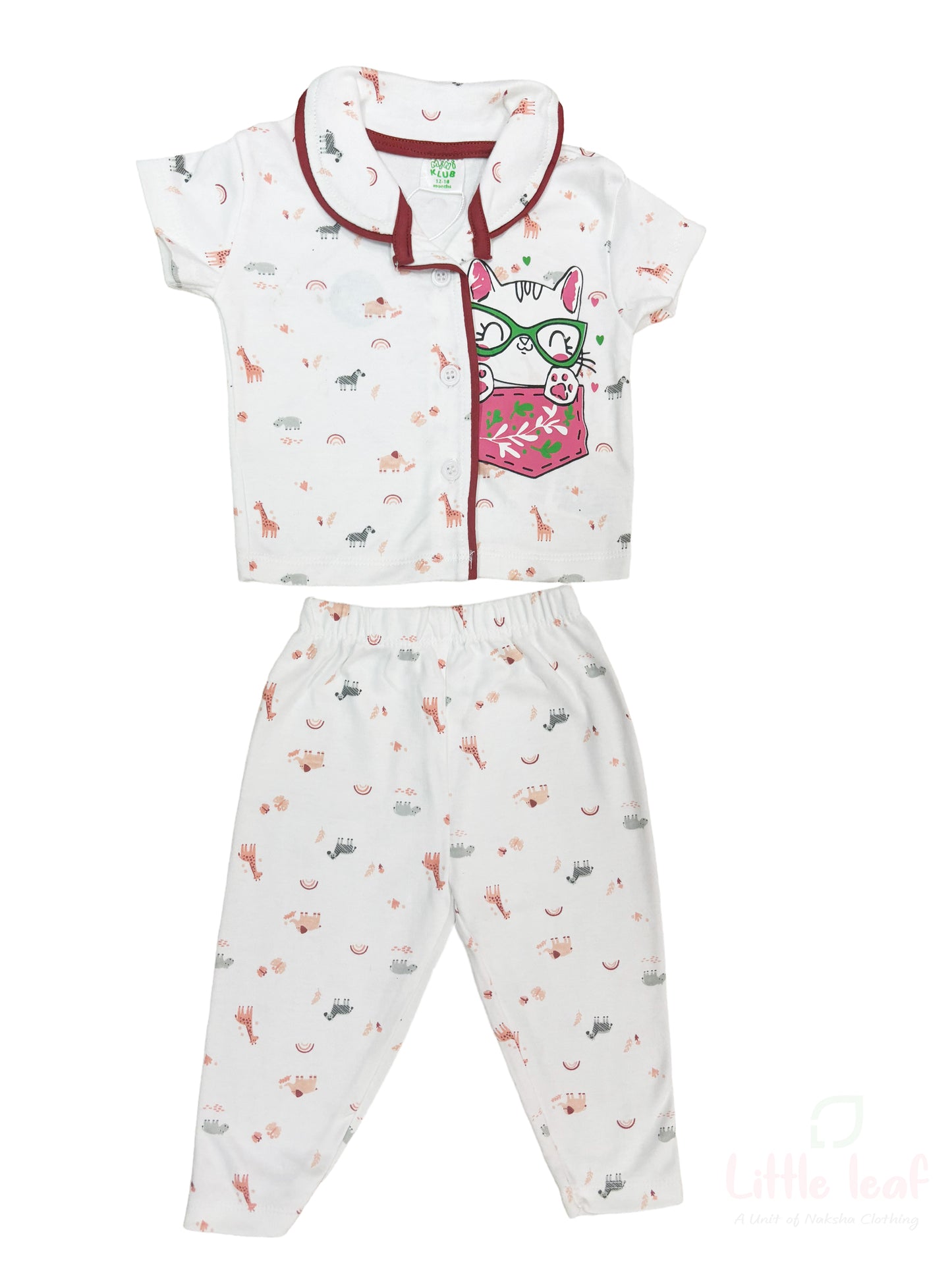 White Cat Animal Unisex Cotton Night Suite