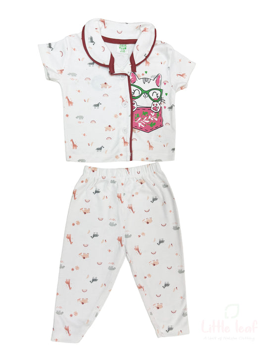 White Cat Animal Unisex Cotton Night Suite