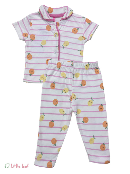 Summer Cotton Night Suites Pink Stripped Fruits