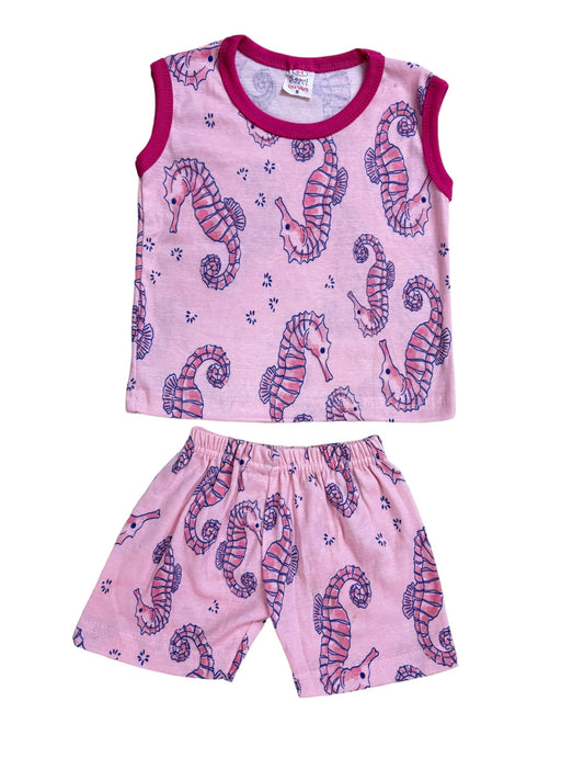 Pink Sea Horse Sleveless Cotton Sets