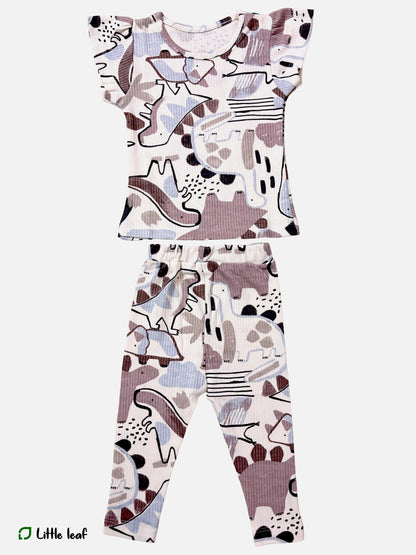 Girls Pant Sets- White Dino