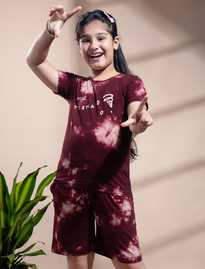 Unisex Tie Dye Cotton Bermuda Sets - Dark Maroon Tornado