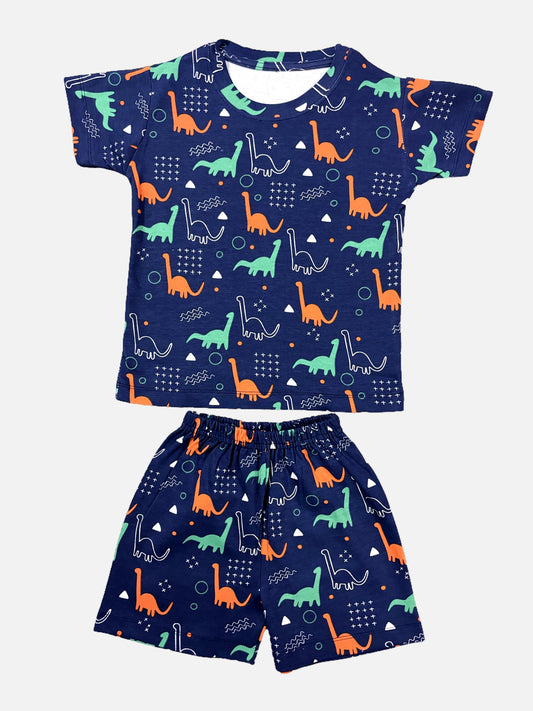 Navy Blue Dino Boys Tshirt - Shorts Set