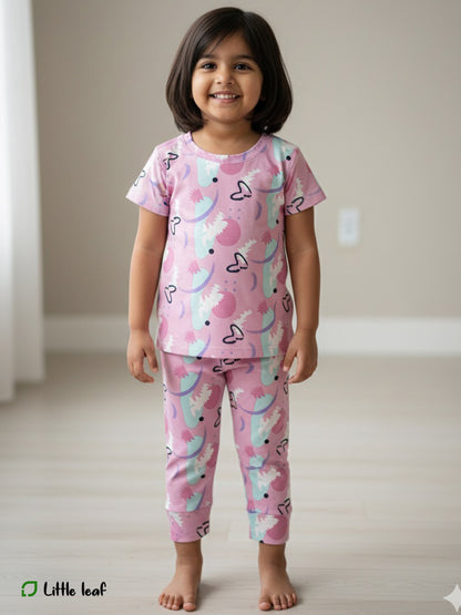 Pink Snow ball Fabric Night Suit