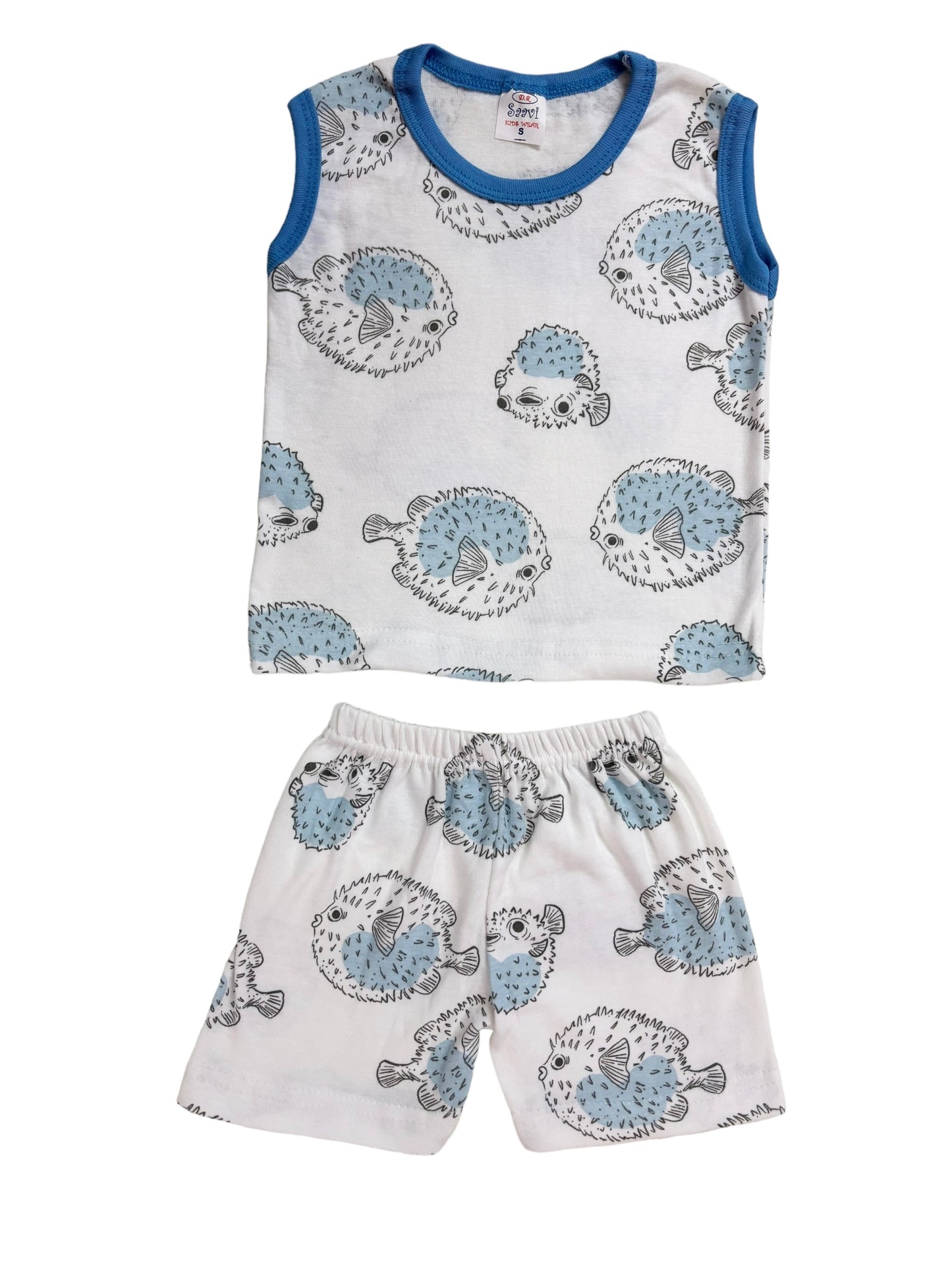 White Blue Porcupine Sleeveless Cotton Sets