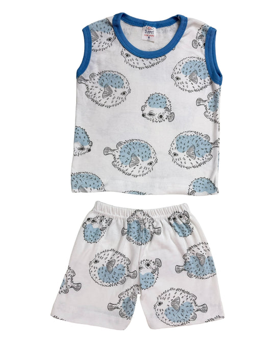 White Blue Porcupine Sleeveless Cotton Sets