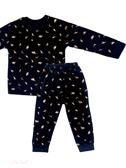 Loop Knit Jogger Set -  black gold dino