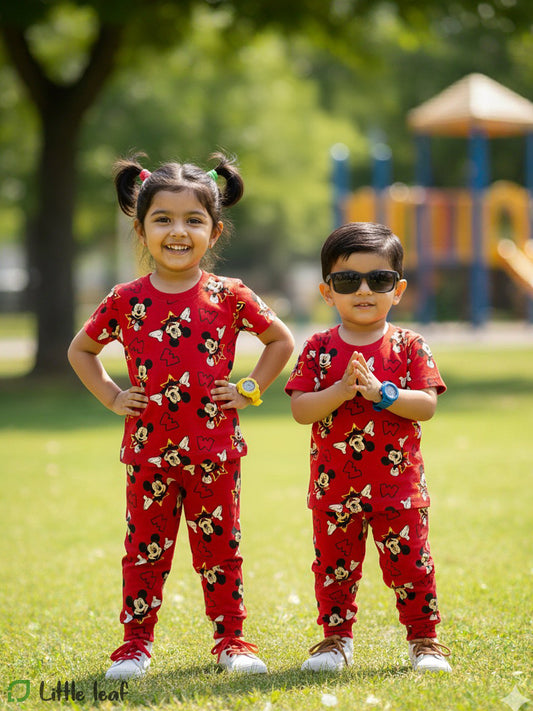 Unisex Cotton Night Suite - Red Micky