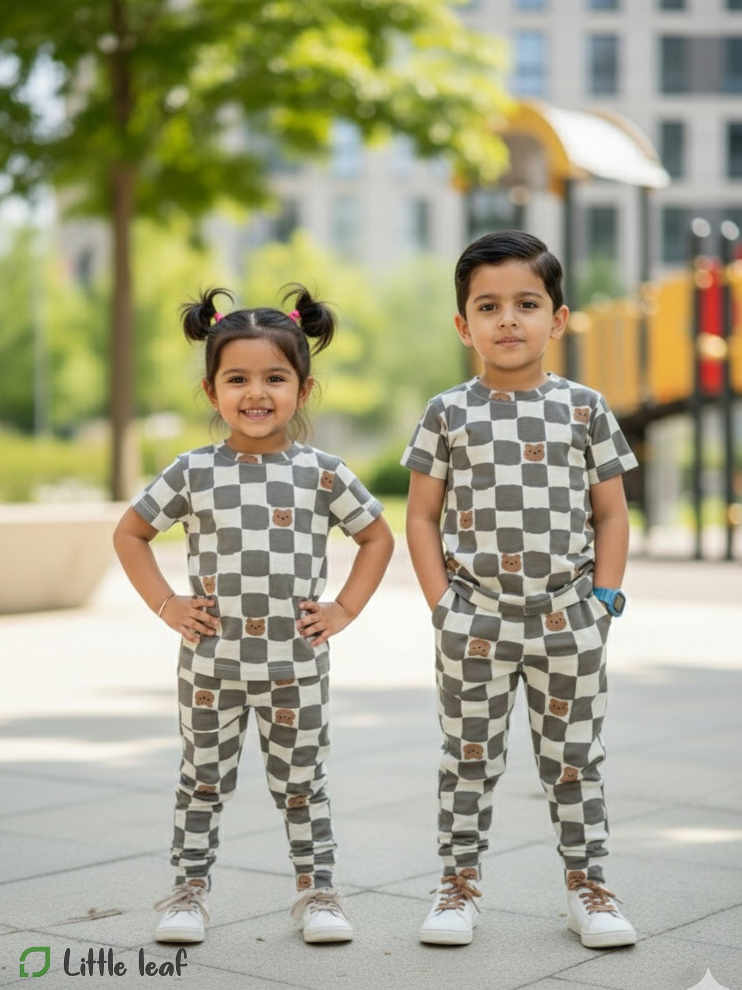 Unisex Cotton Night Suite - white grey checked