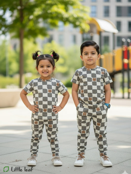 Unisex Cotton Night Suite - white grey checked