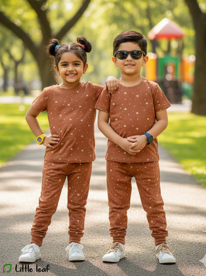 Unisex Cotton Night Suite - Dusty Pink Hearts