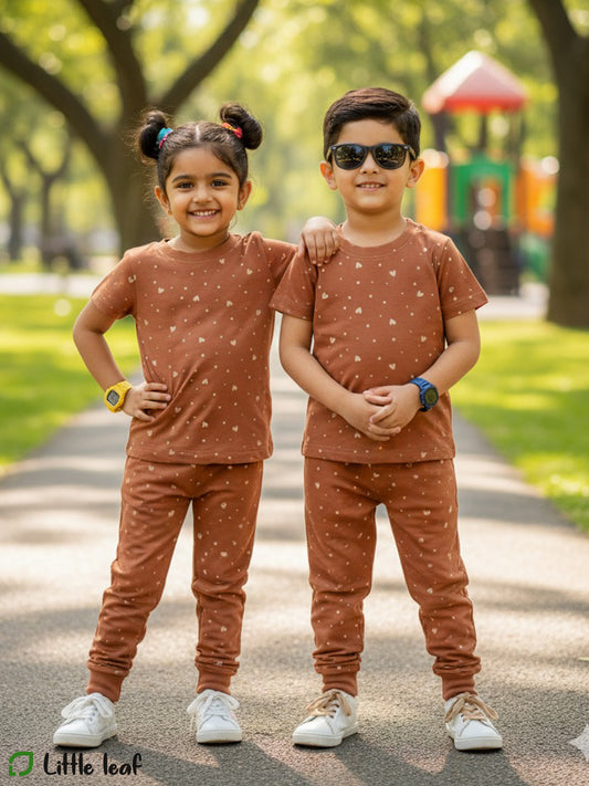 Unisex Cotton Night Suite - Dusty Pink Hearts