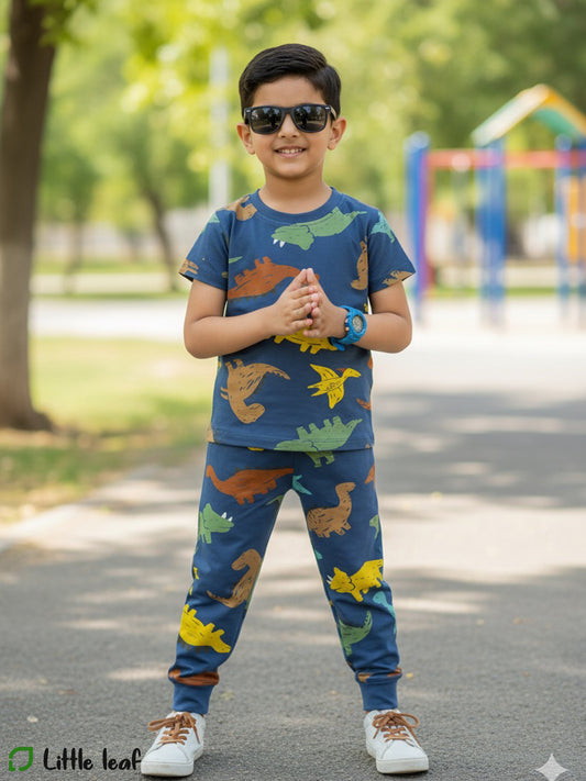 Unisex Cotton Night Suite - Navy Dino