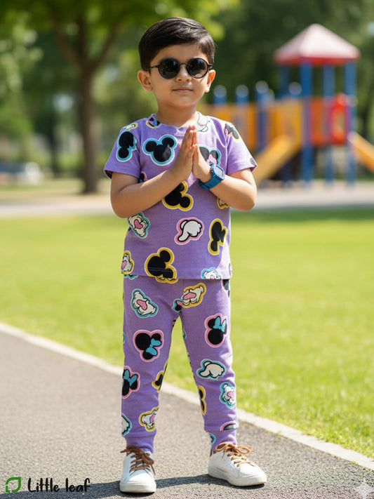 Unisex Cotton Night Suite - Purple Micky