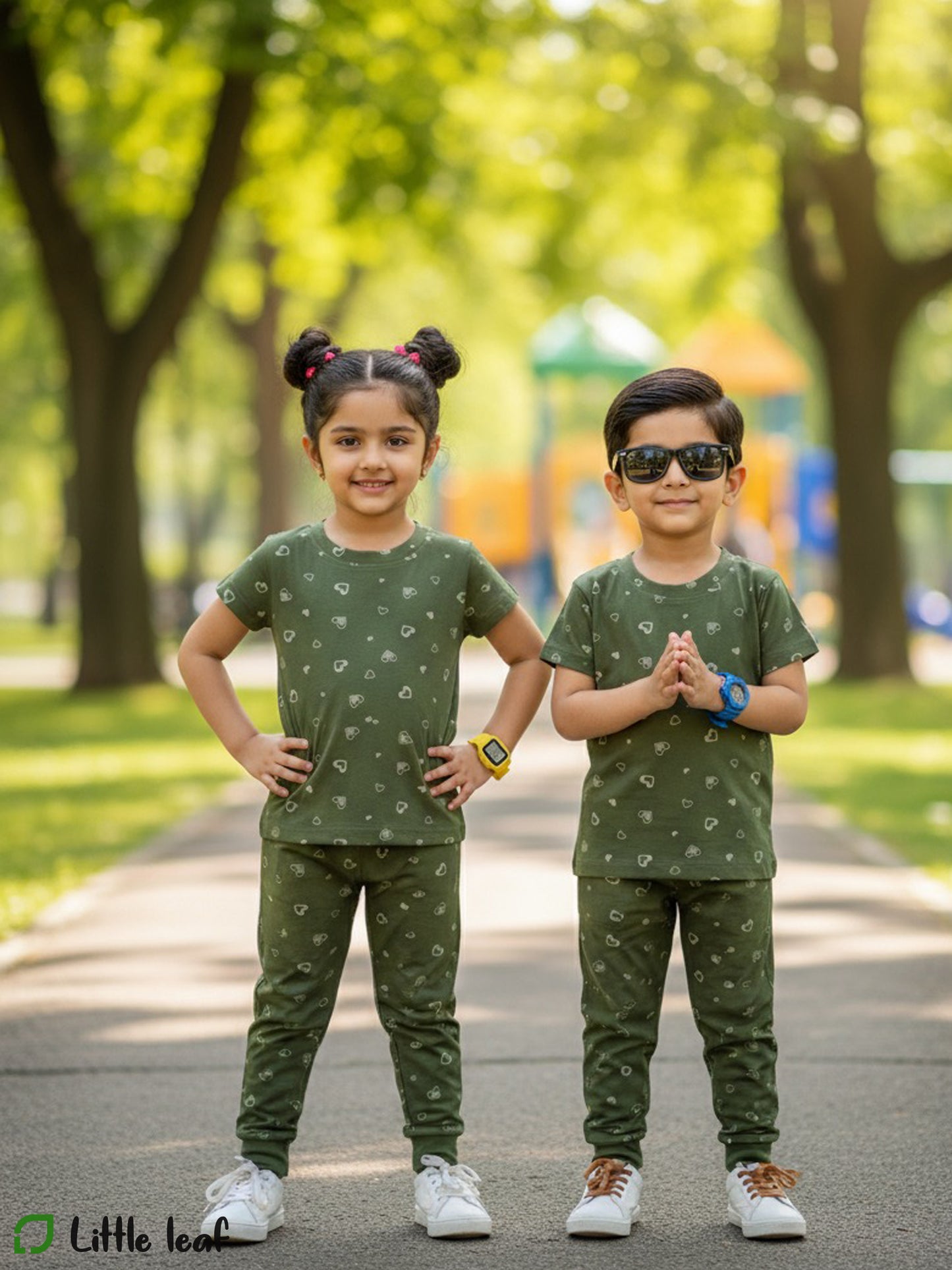 Unisex Cotton Night Suite - Olive Green Hearts
