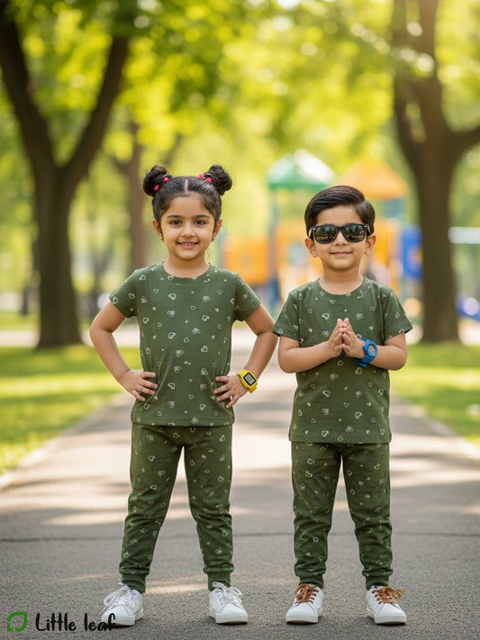 Unisex Cotton Night Suite - Olive Green Hearts
