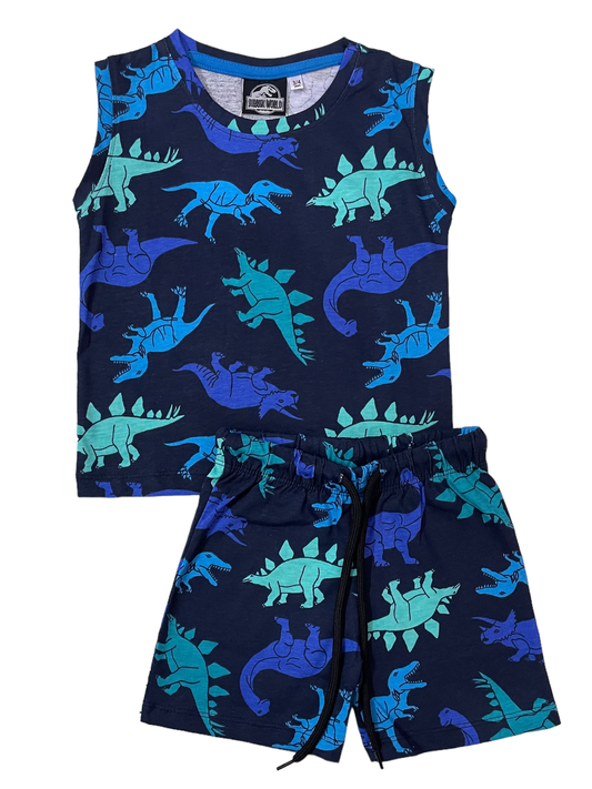 Sleeveless Shorts Set - Blue Dino